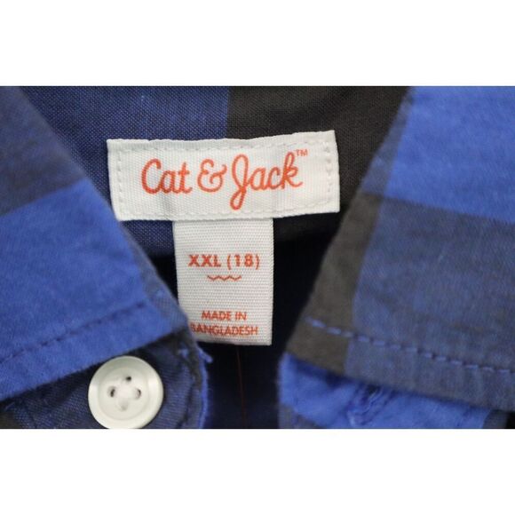 Cat & Jack Boys Sz 2XL (18) Blue/Black Poplin Check L/S Button-Down Shirt - Picture 3 of 7